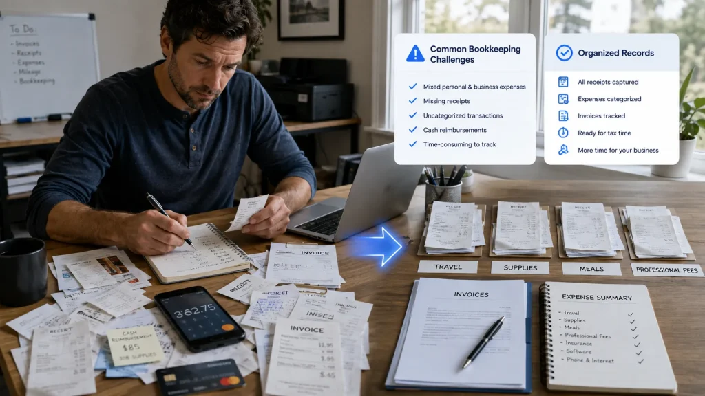 Self-employed worker organising mixed personal and business receipts and expenses