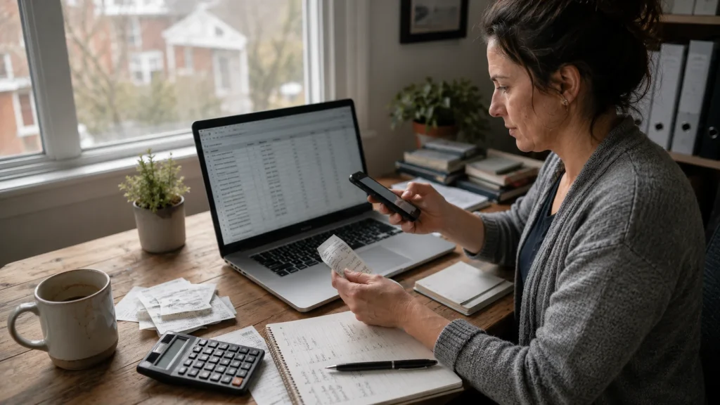 Small business owner tracking receipts and expenses for bookkeeping in Canada