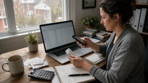 Small business owner tracking receipts and expenses for bookkeeping in Canada