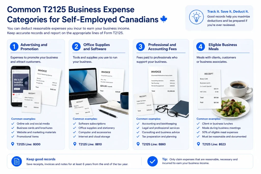 Common T2125 business expense categories for self-employed Canadians