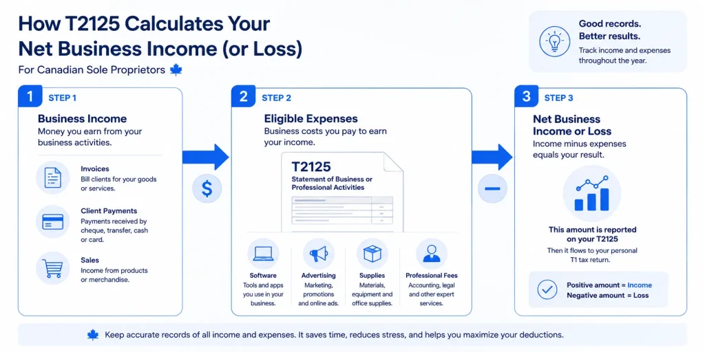 T2125 business income expenses and net business income calculation flow