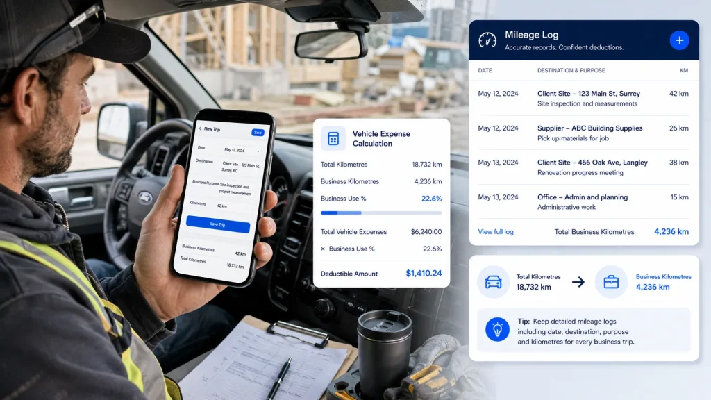 T2125 mileage log showing business kilometres total kilometres and vehicle expenses