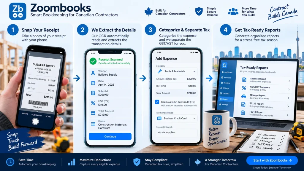 Zoombooks bookkeeping workflow for Canadian contractors